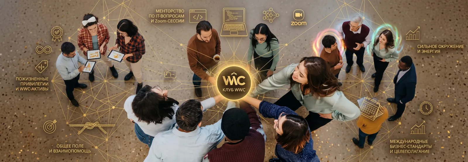 WWC Club: IT mentoring and Zoom sessions, a strong circle and energy, international business standards and goal setting, a shared field and mutual support, lifetime privileges