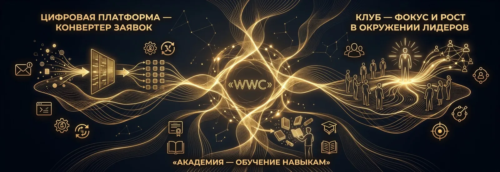 The WWC ecosystem: the digital platform — a lead converter, the Academy — skills training, the Club — focus and growth surrounded by leaders